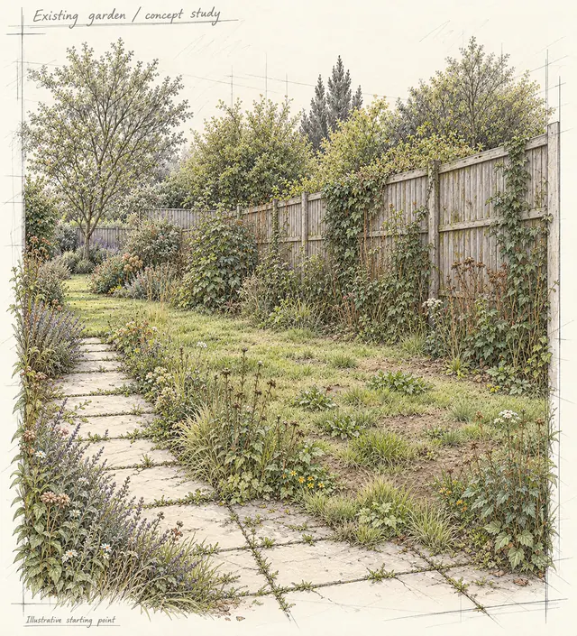 An illustrative tired garden with worn paving, patchy lawn, weeds and a weathered timber fence.