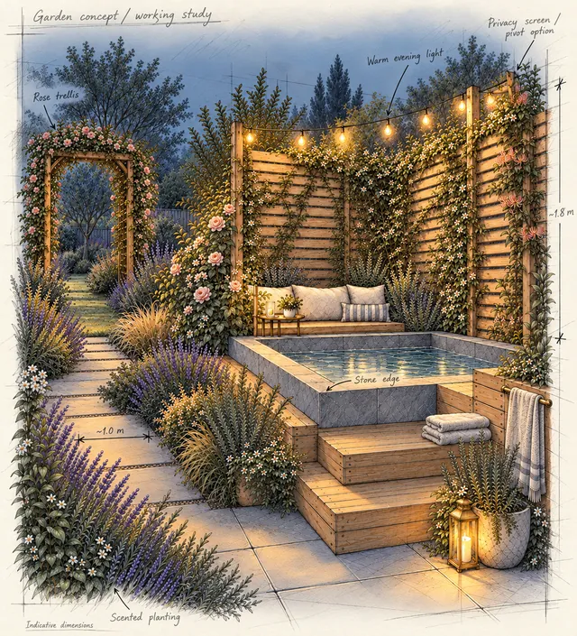 The same illustrative viewpoint at dusk: a screened hot tub, scented planting, a separate rose trellis and warm evening lighting.