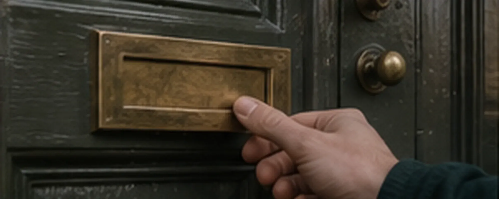 A hand at a brass letterplate on an old painted front door